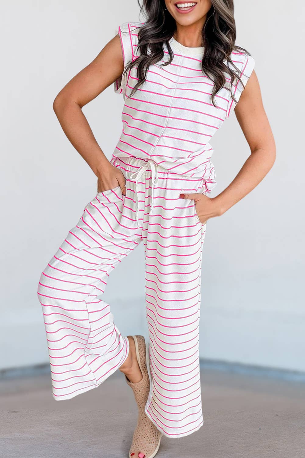 Casual Style Striped Short Sleeve Two-Piece Set