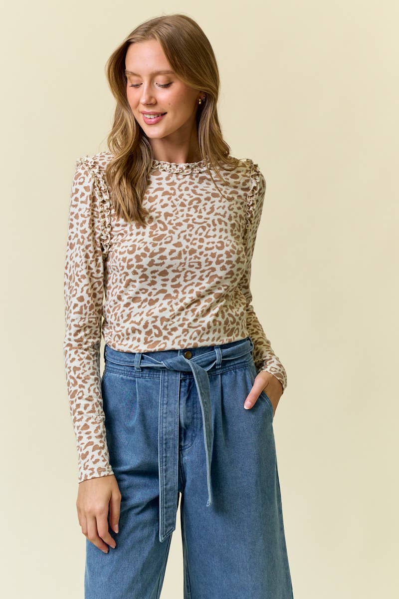 Leopard Printed Ruffle Long Sleeve Top