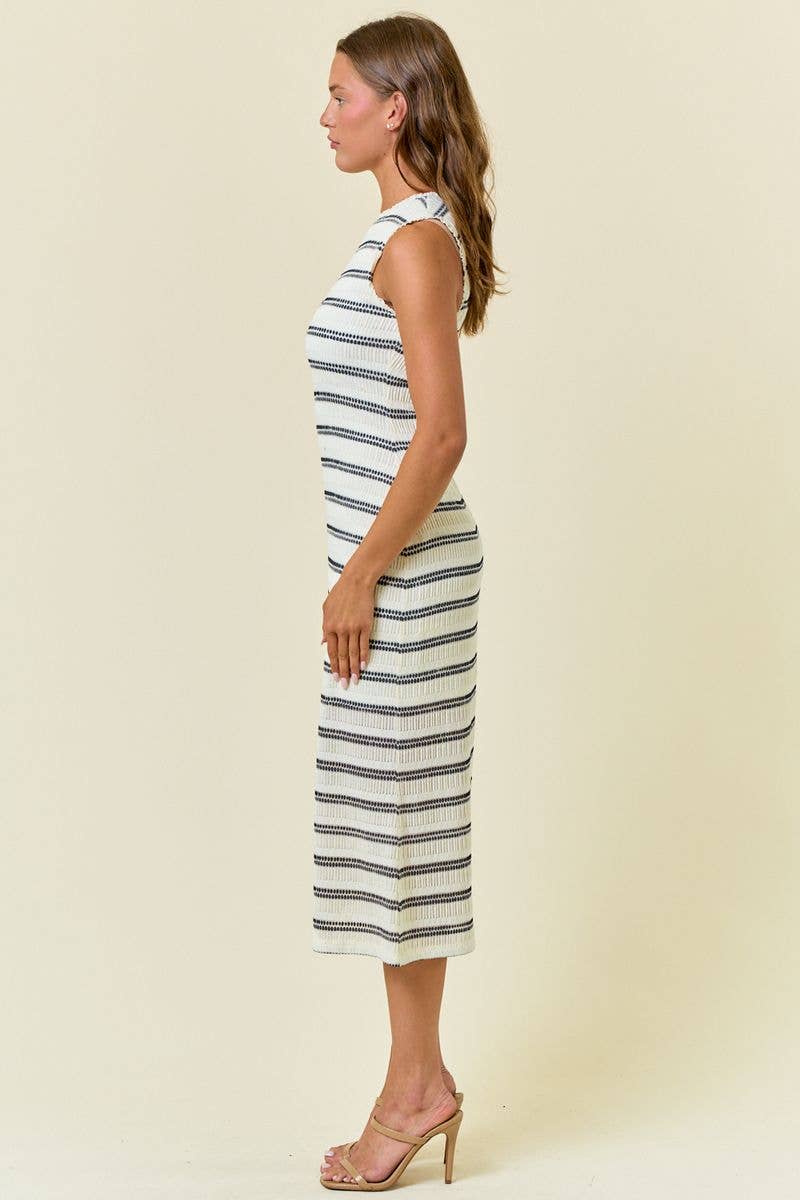 STRIPE STRETCH LACE SLVLESS MIDI DRESS