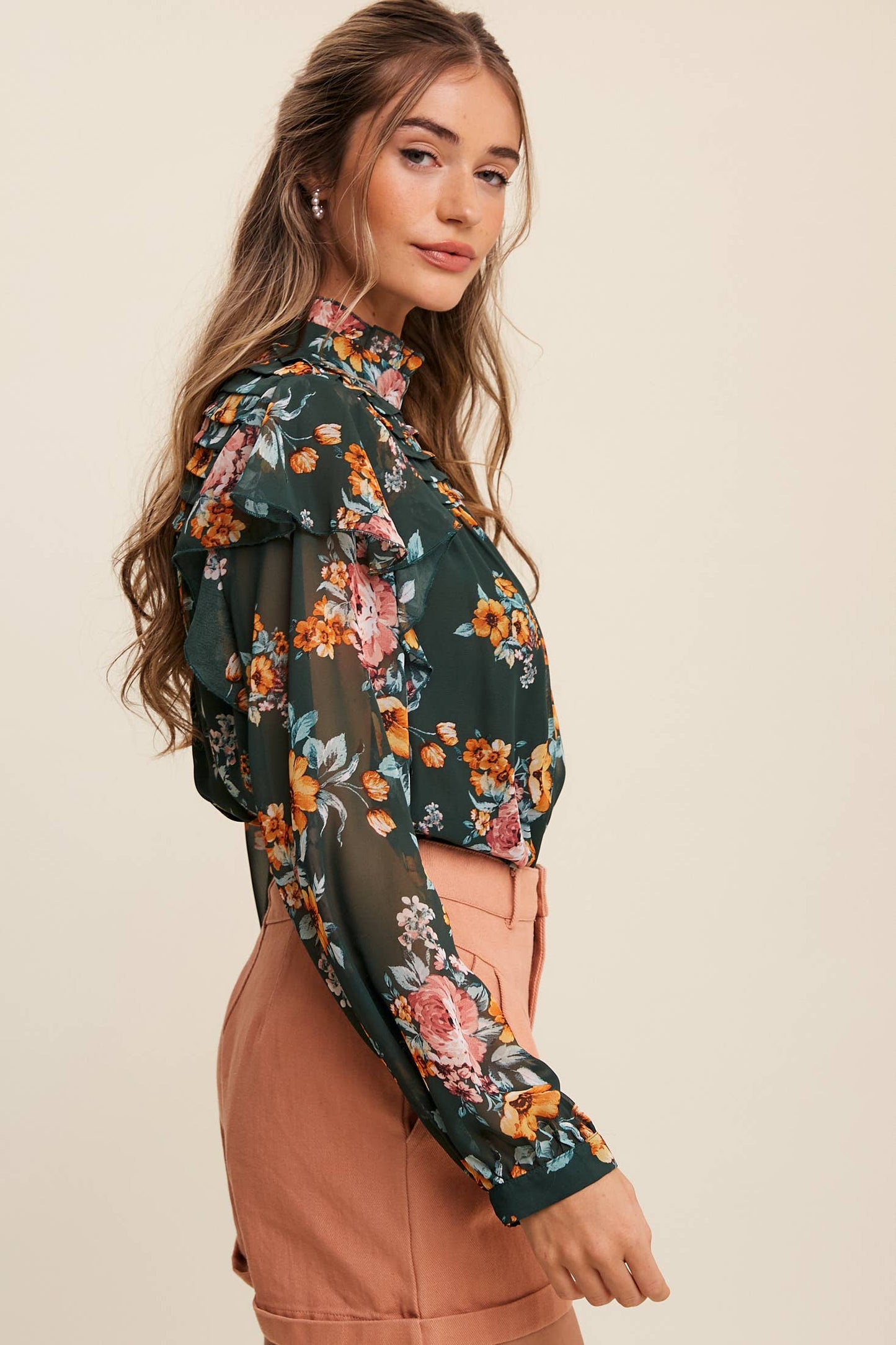 Floral High-Neck Sheer Blouse