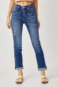 Mid Rise Cuffed Straight Jeans