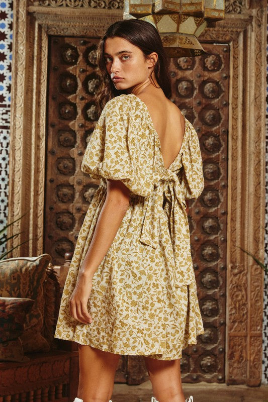 Tie Back Puff Sleeve Floral Mini Dress