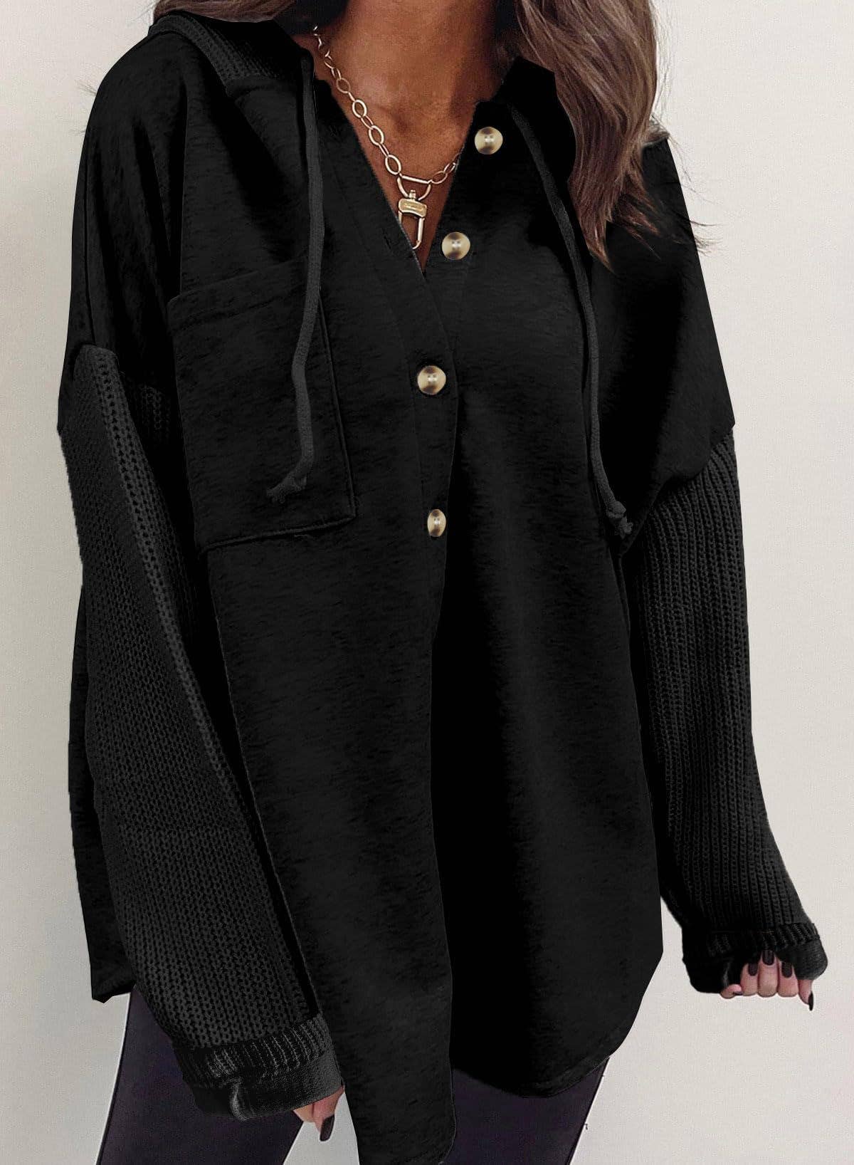 Colorblock Hoodie Sweatshirt w/ Buttons