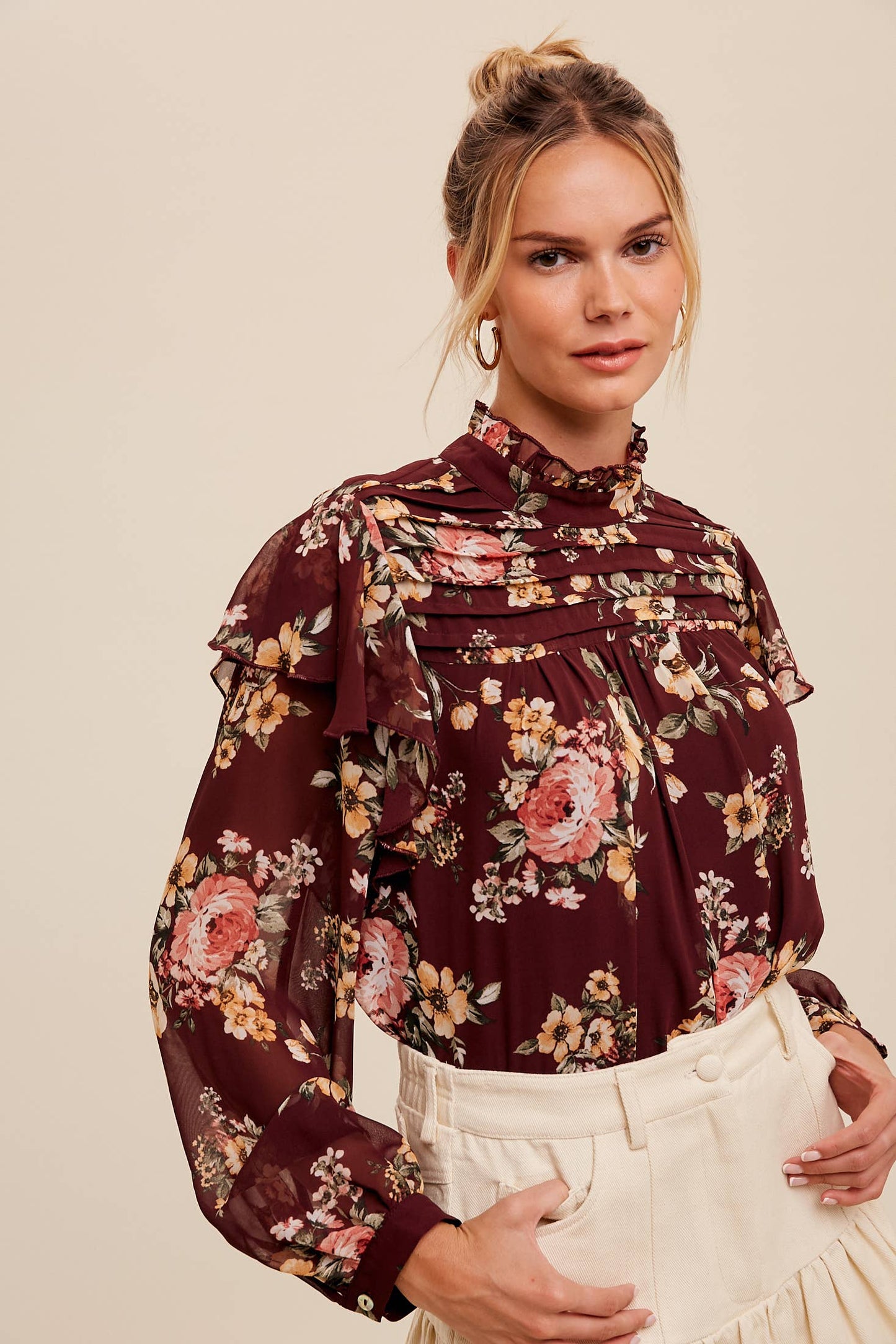 Floral High-Neck Sheer Blouse