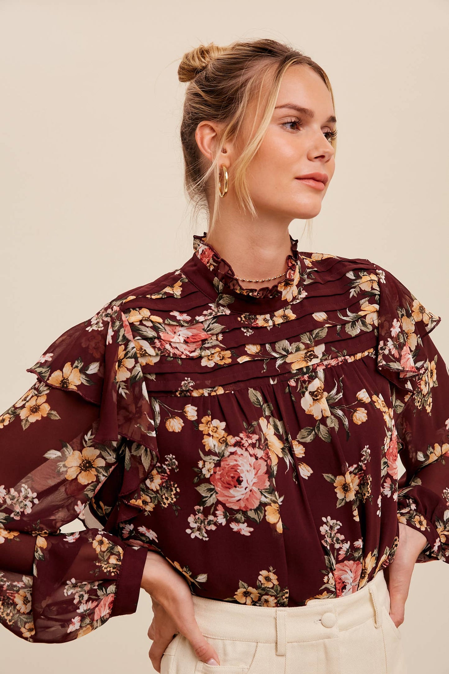 Floral High-Neck Sheer Blouse