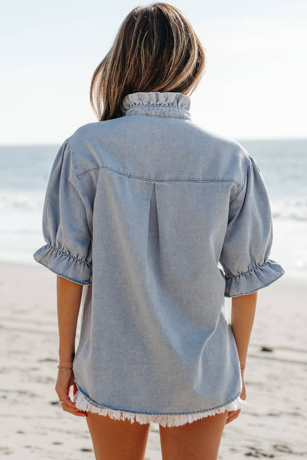 Ruffle Short Puff Sleeve Chambray Denim Shirt