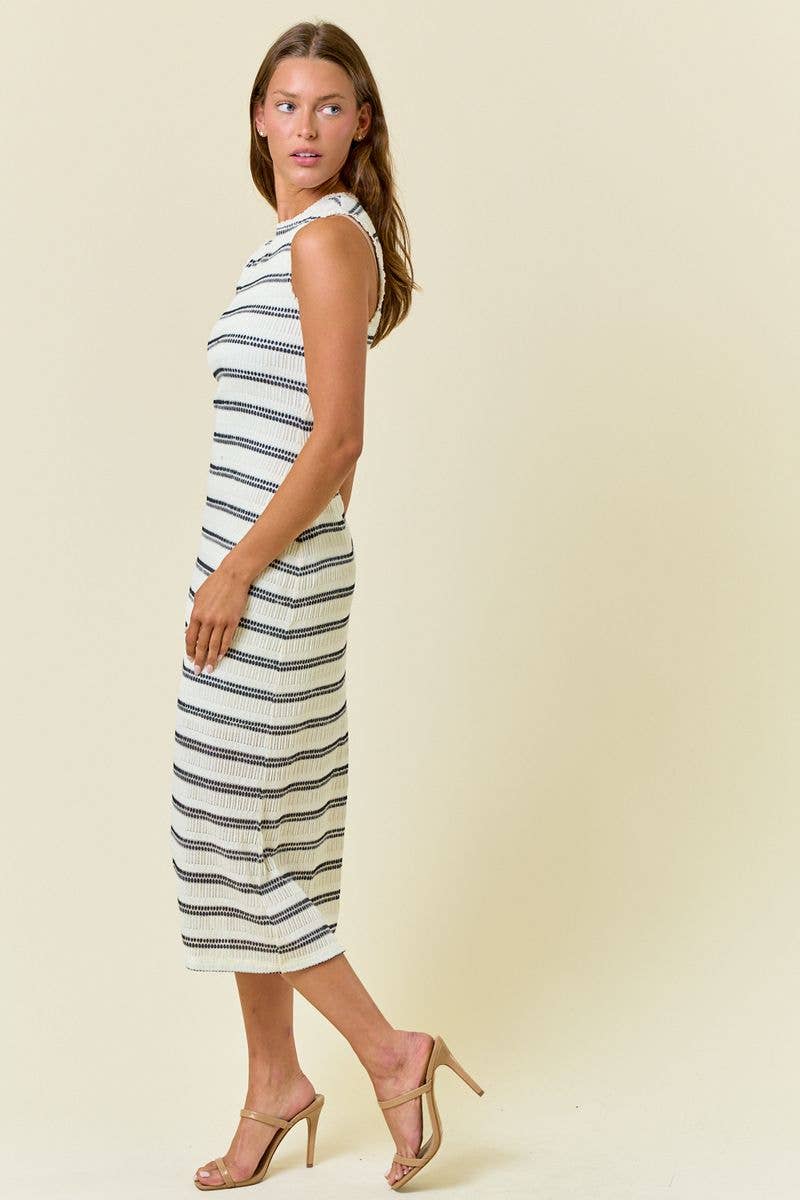 STRIPE STRETCH LACE SLVLESS MIDI DRESS