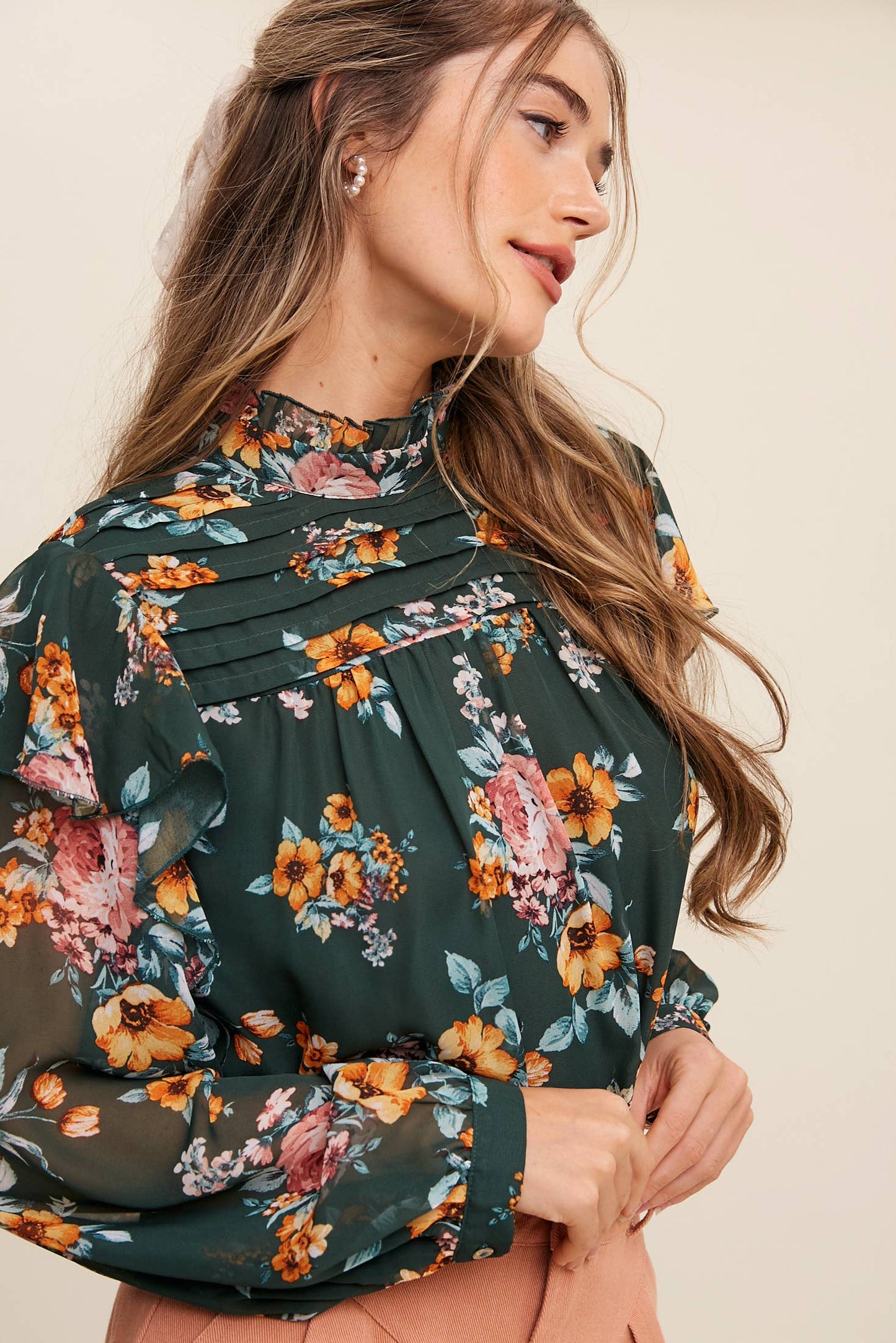Floral High-Neck Sheer Blouse