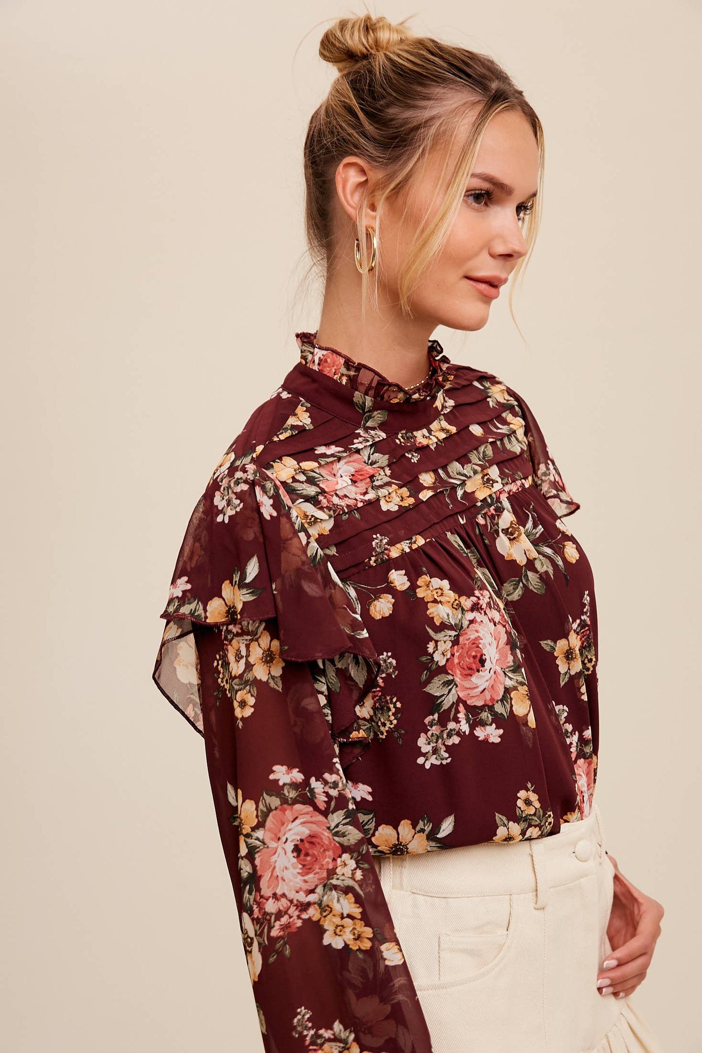 Floral High-Neck Sheer Blouse