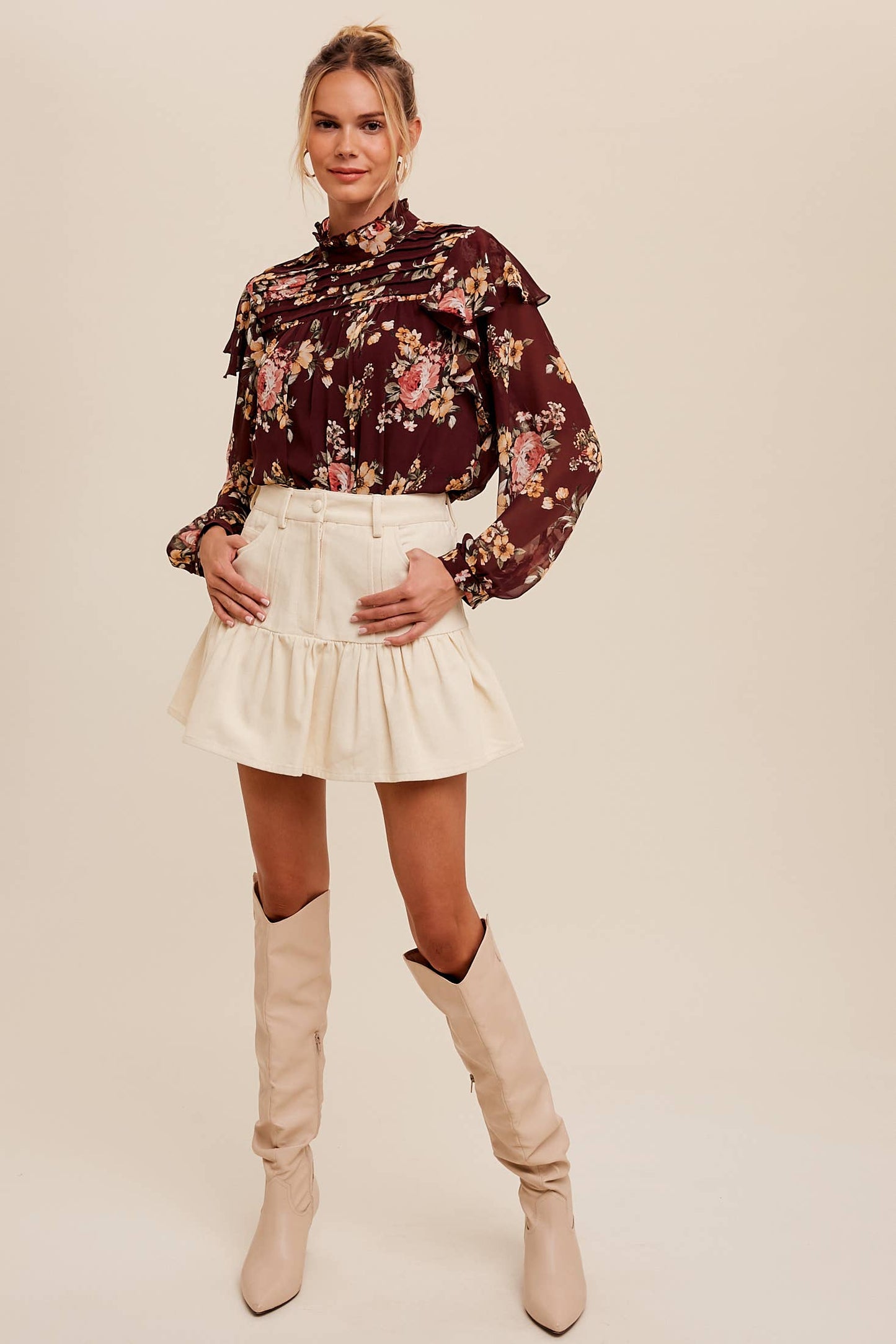 Floral High-Neck Sheer Blouse