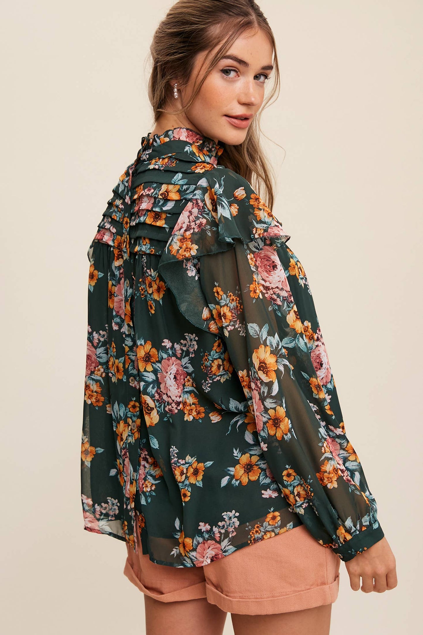 Floral High-Neck Sheer Blouse