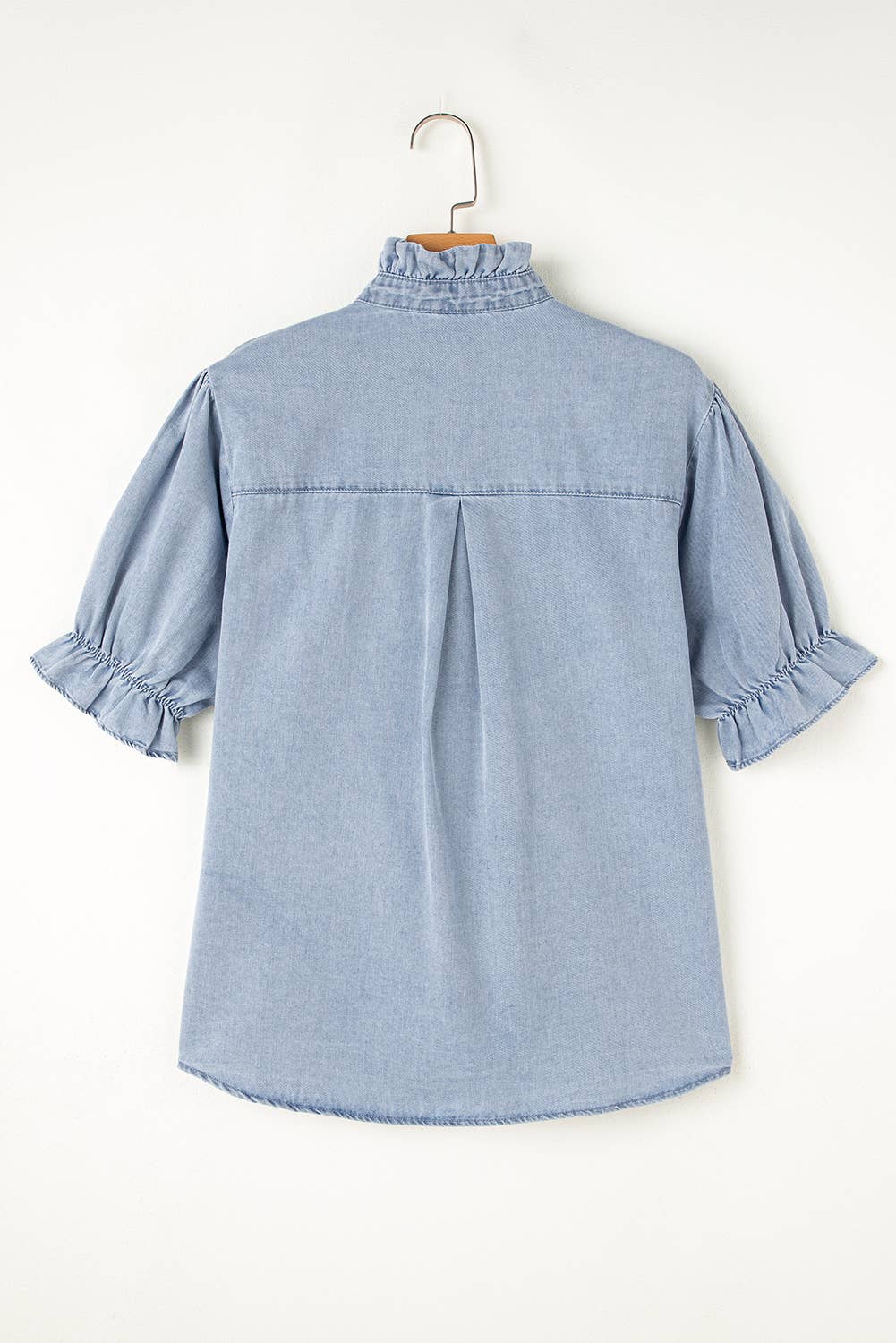 Ruffle Short Puff Sleeve Chambray Denim Shirt