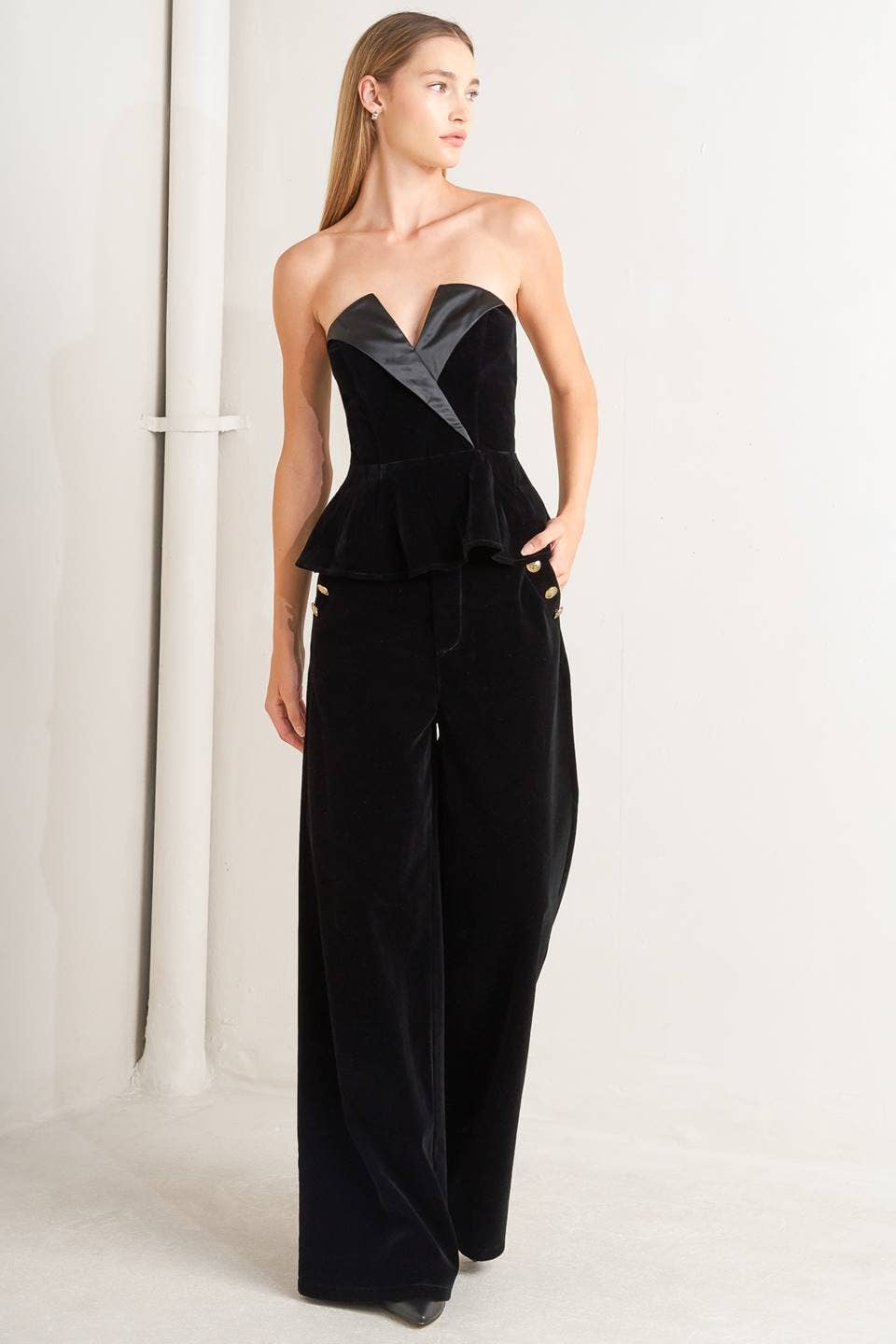 Black Velvet Pant with Gold Buttons