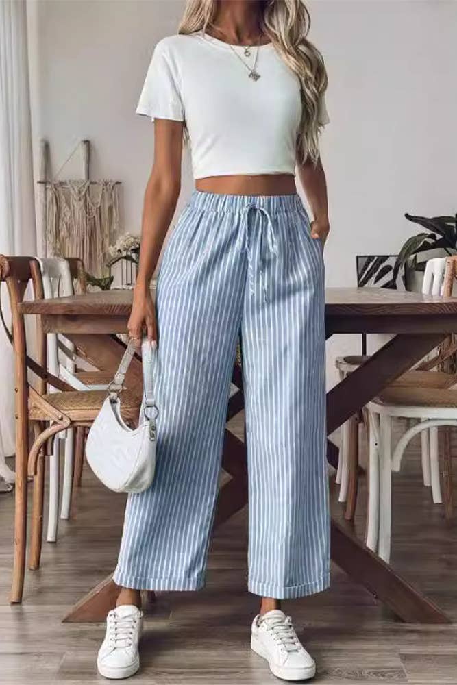 Blue High Waist Stripes Cropped Pants