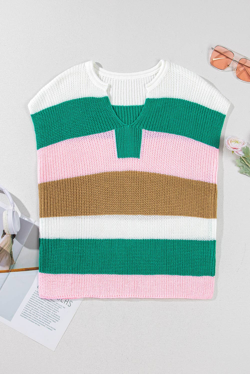 Color Block Notch V Neck Sweater T Shirt