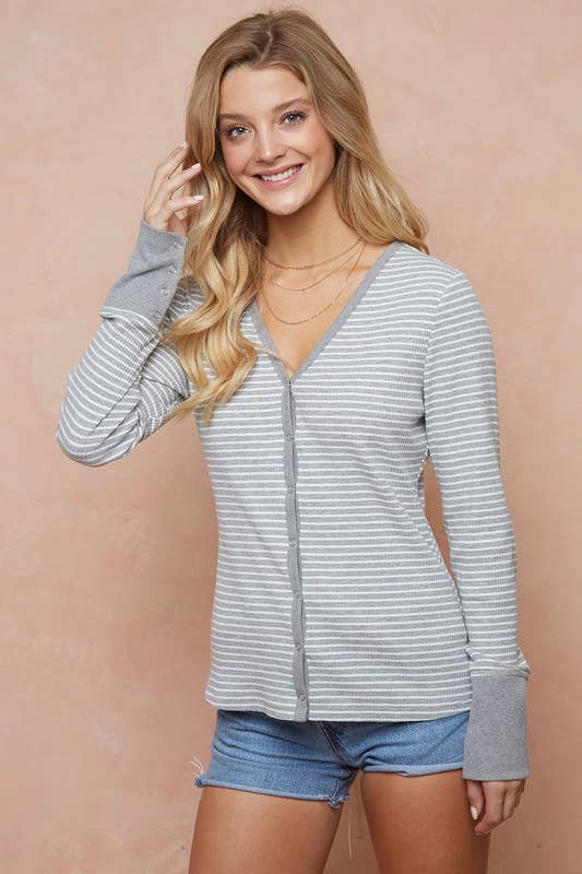 Striped V-neck Button Top