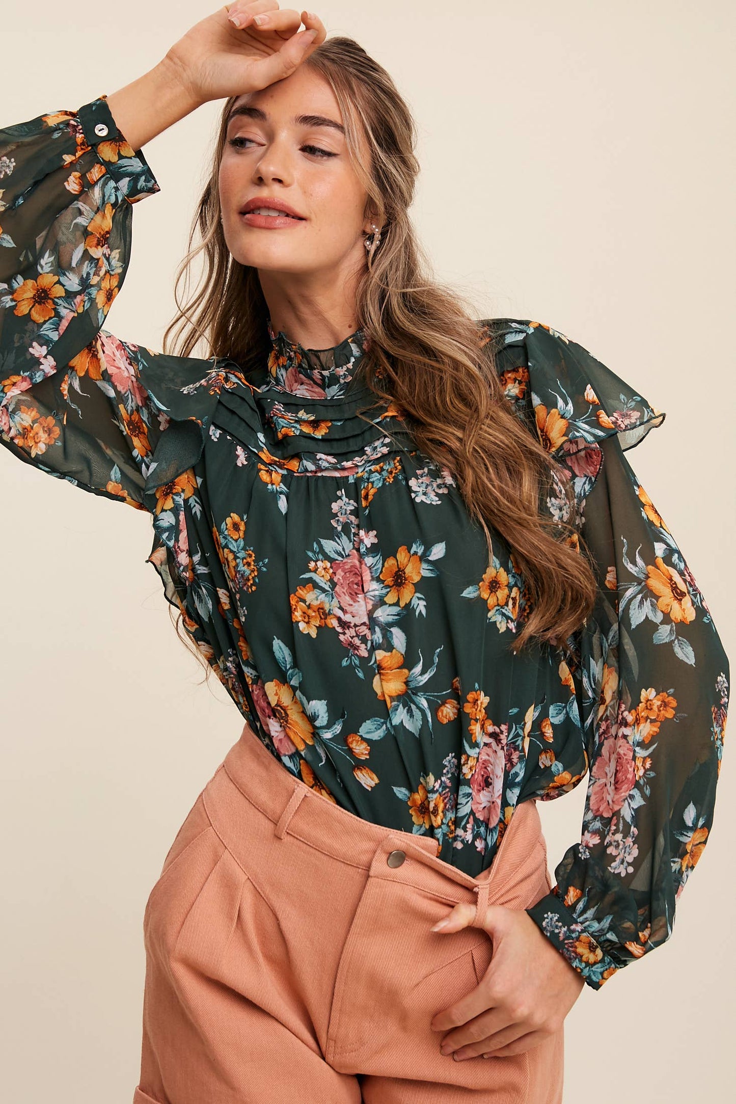 Floral High-Neck Sheer Blouse
