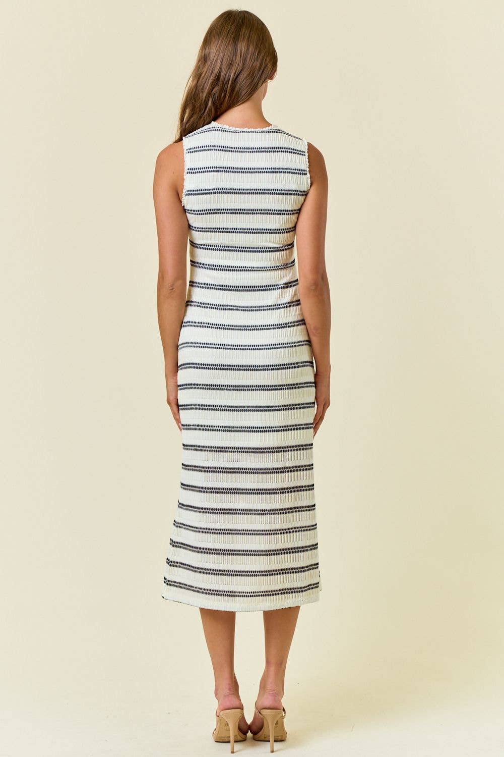 STRIPE STRETCH LACE SLVLESS MIDI DRESS