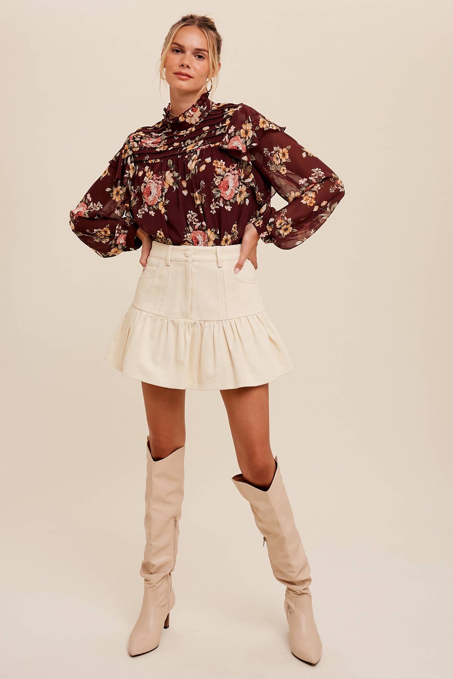 Floral High-Neck Sheer Blouse