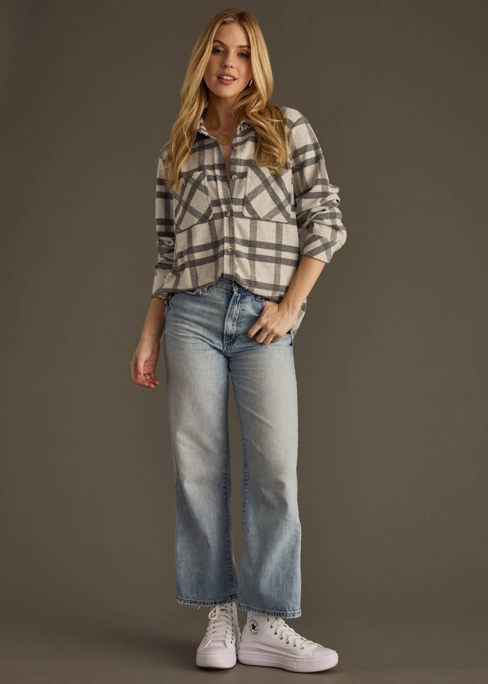 Light Gray & Charcoal Plaid Button Up