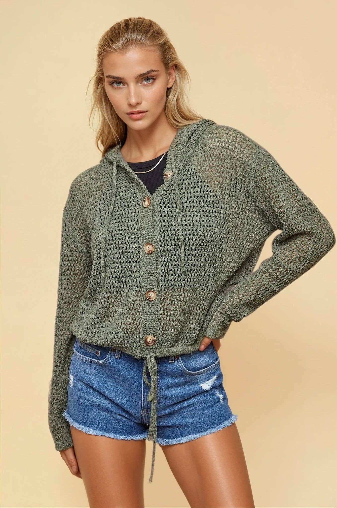Net Hoodie Cardigan With Big Wooden Button