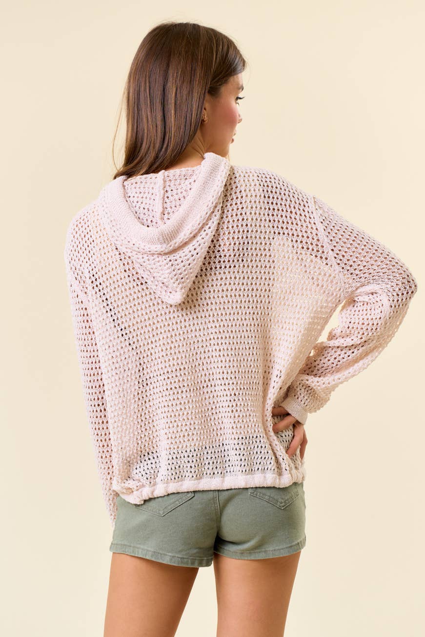 Net Hoodie Cardigan With Big Wooden Button