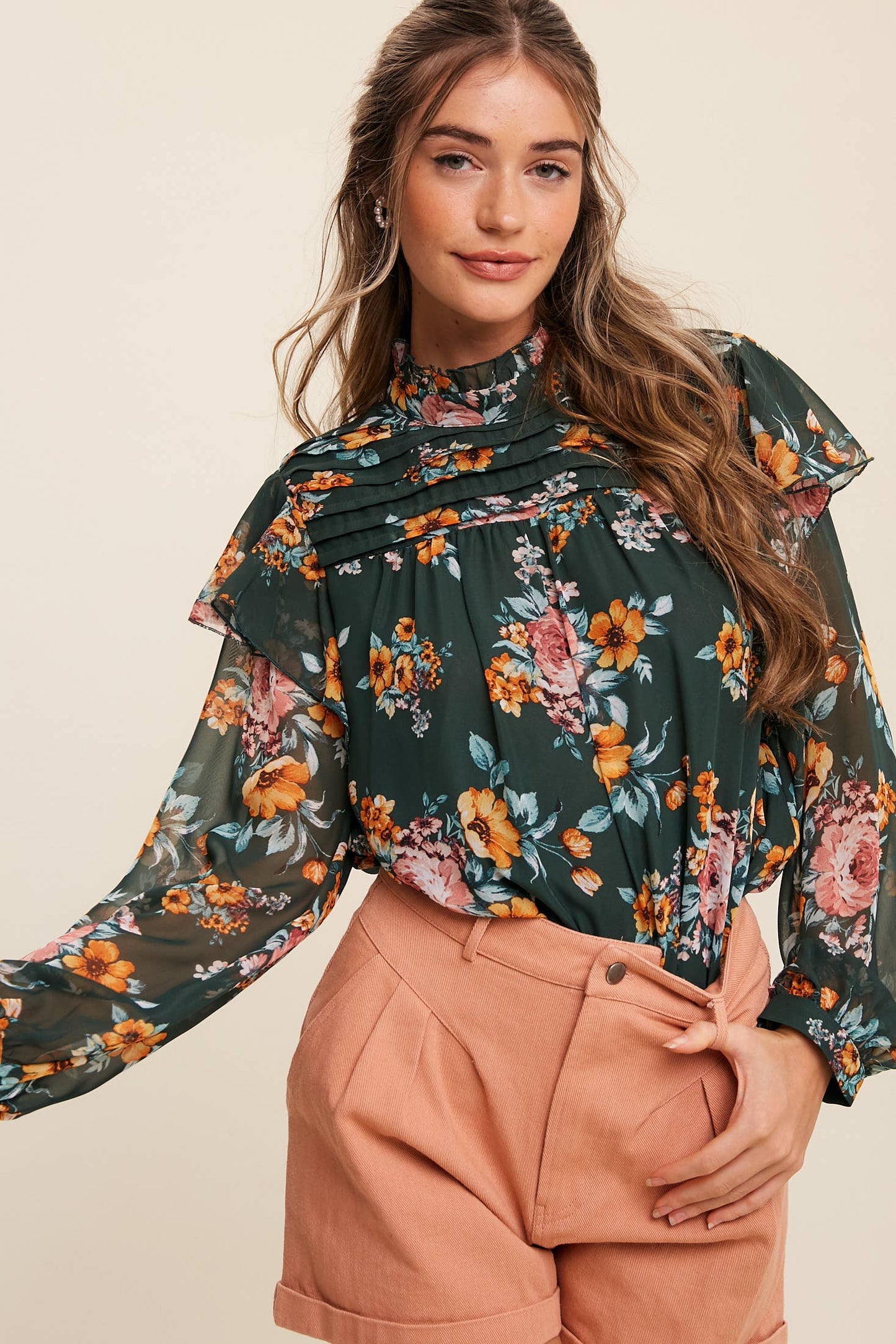 Floral High-Neck Sheer Blouse
