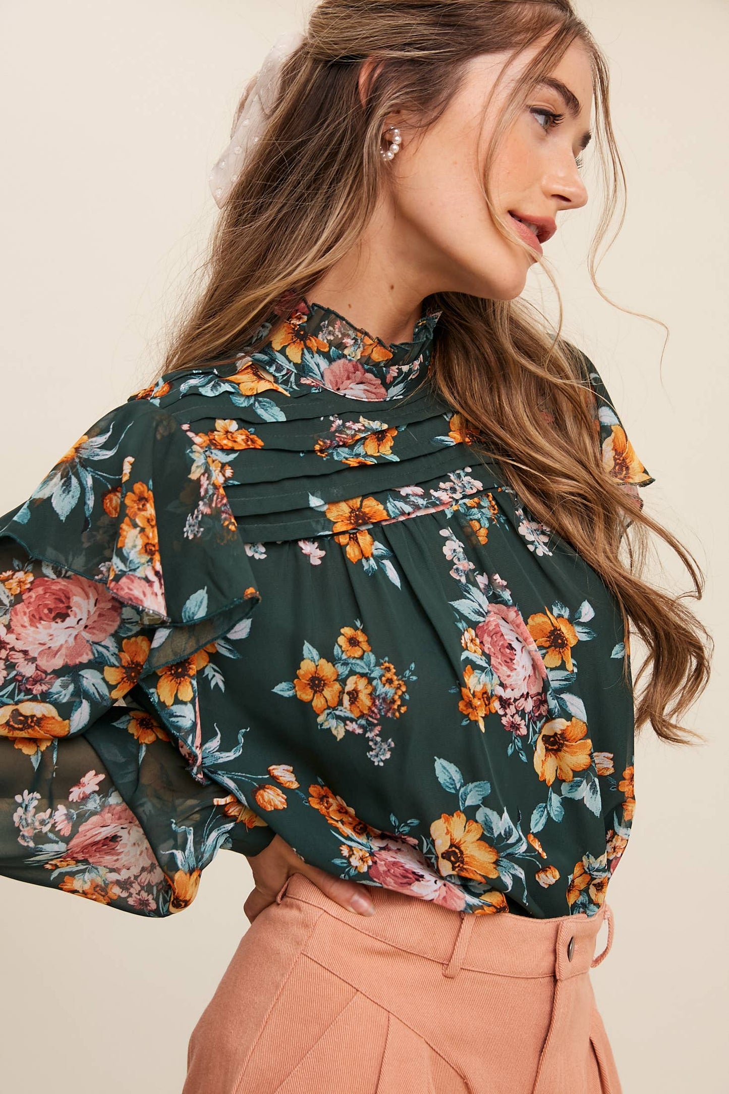 Floral High-Neck Sheer Blouse