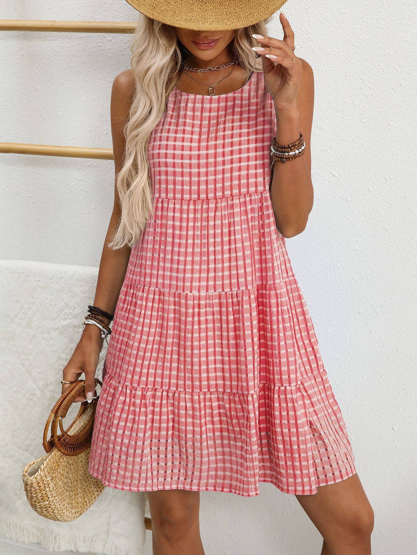 Flowy Relaxed Sleeveless Eyelet Checks Dress