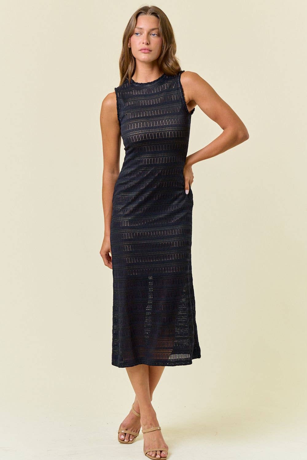 STRIPE STRETCH LACE SLVLESS MIDI DRESS