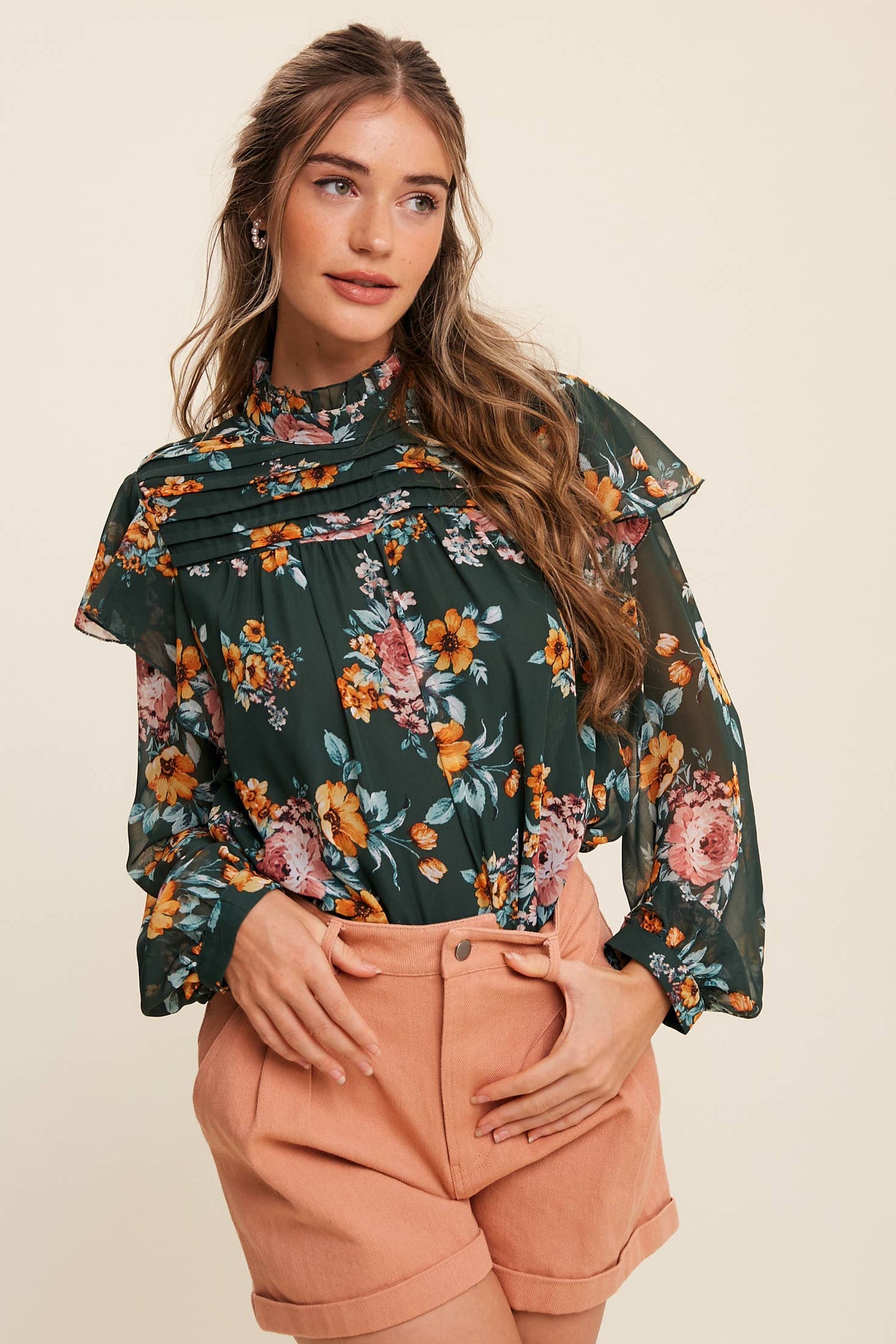 Floral High-Neck Sheer Blouse