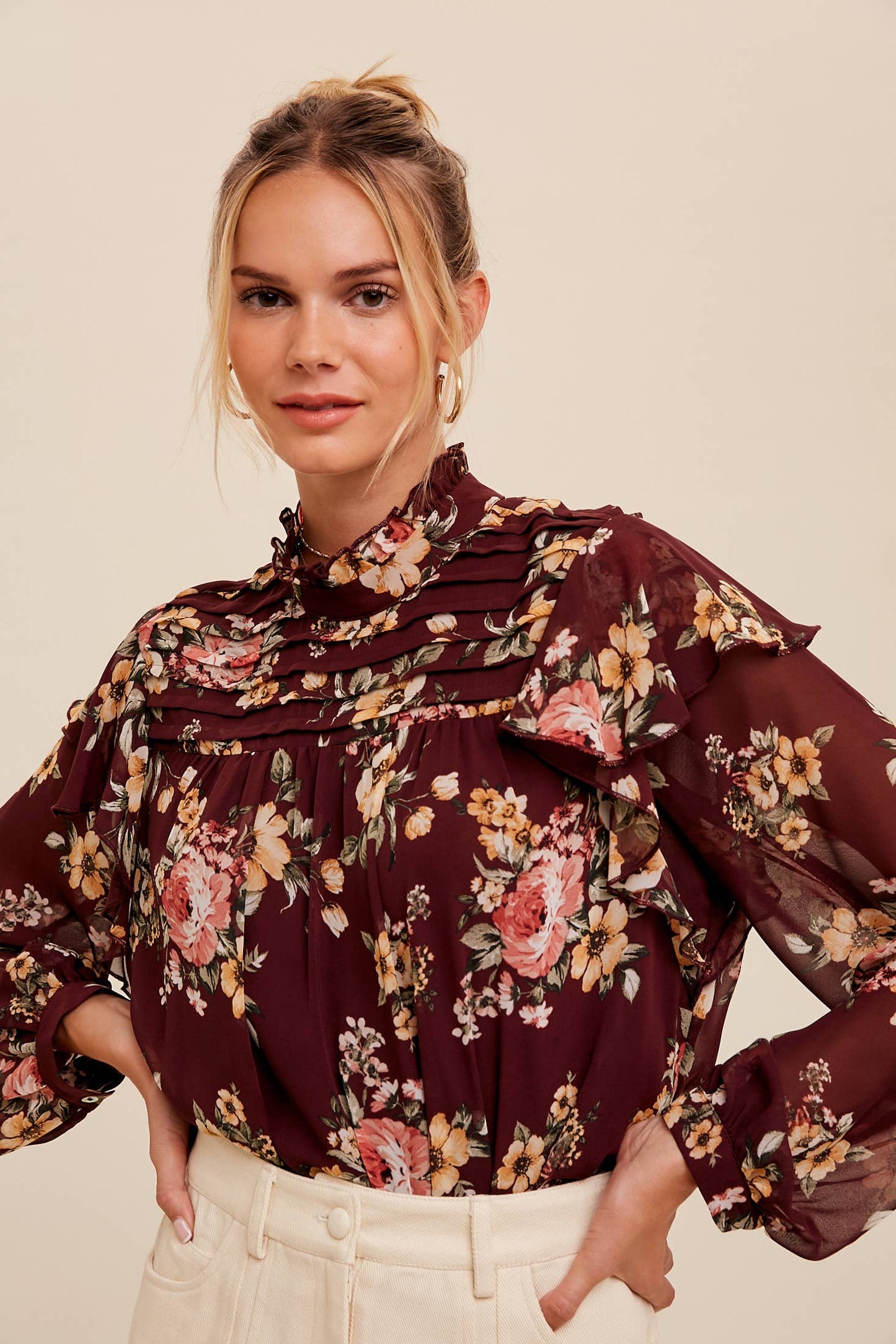 Floral High-Neck Sheer Blouse