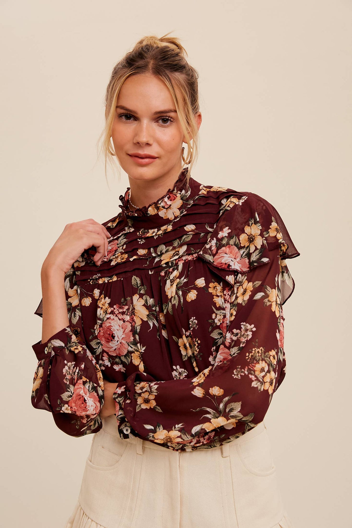 Floral High-Neck Sheer Blouse