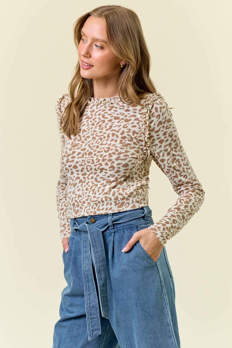 Leopard Printed Ruffle Long Sleeve Top