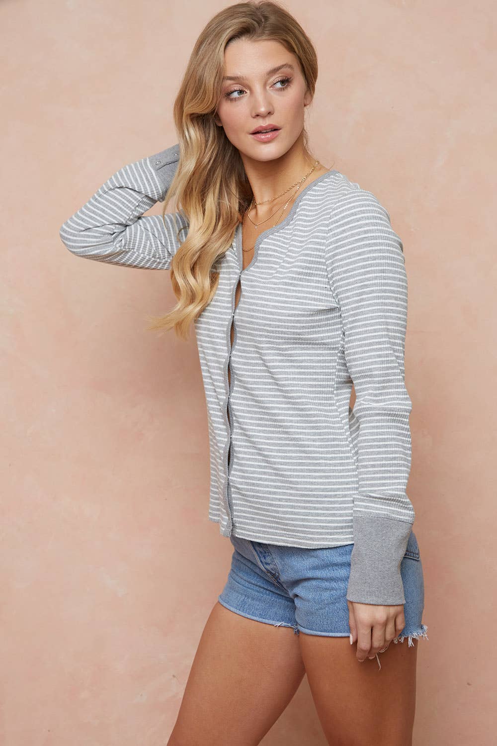 Striped V-neck Button Top