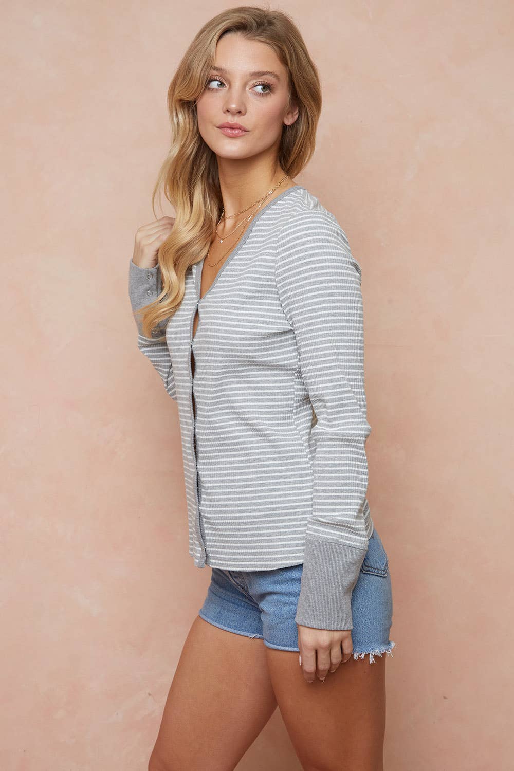 Striped V-neck Button Top