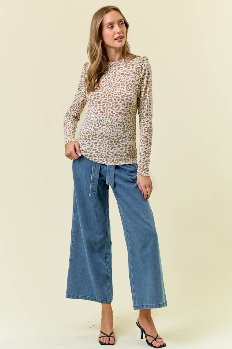 Leopard Printed Ruffle Long Sleeve Top
