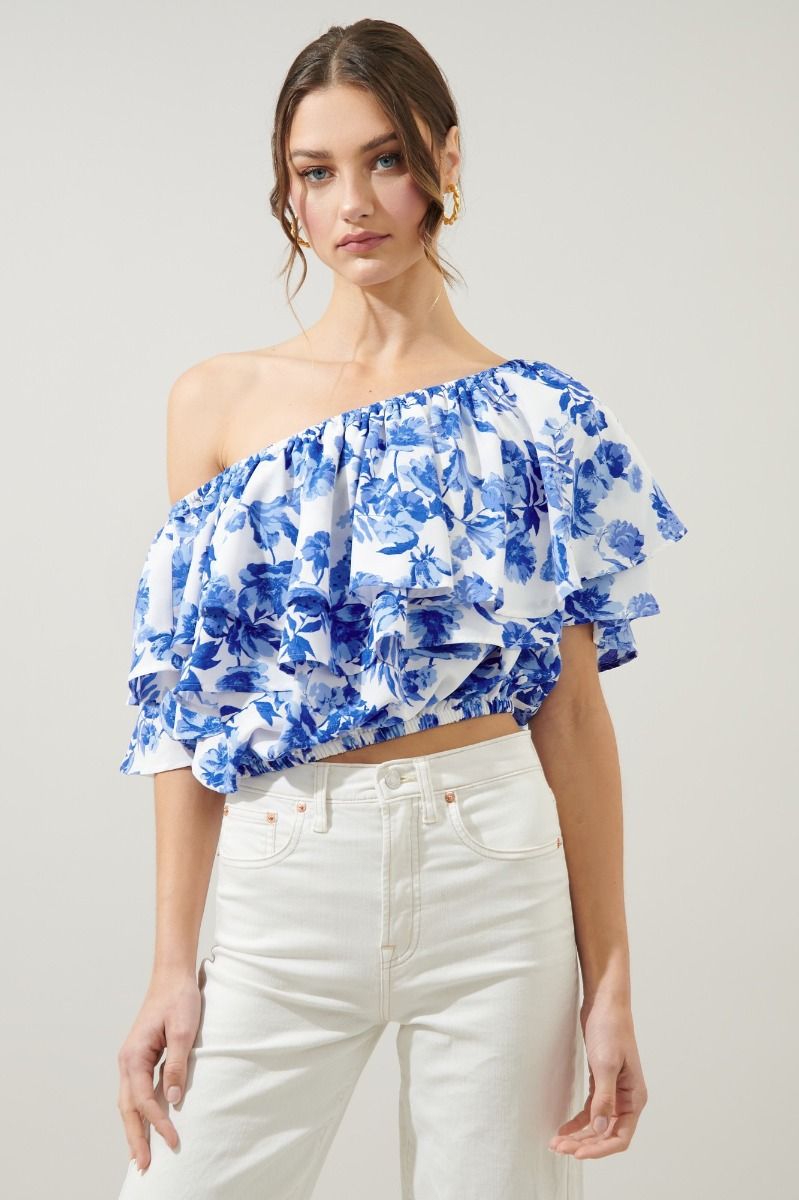 Blue Floral Charmer One Shoulder Ruffle Top – Shimmery Belle