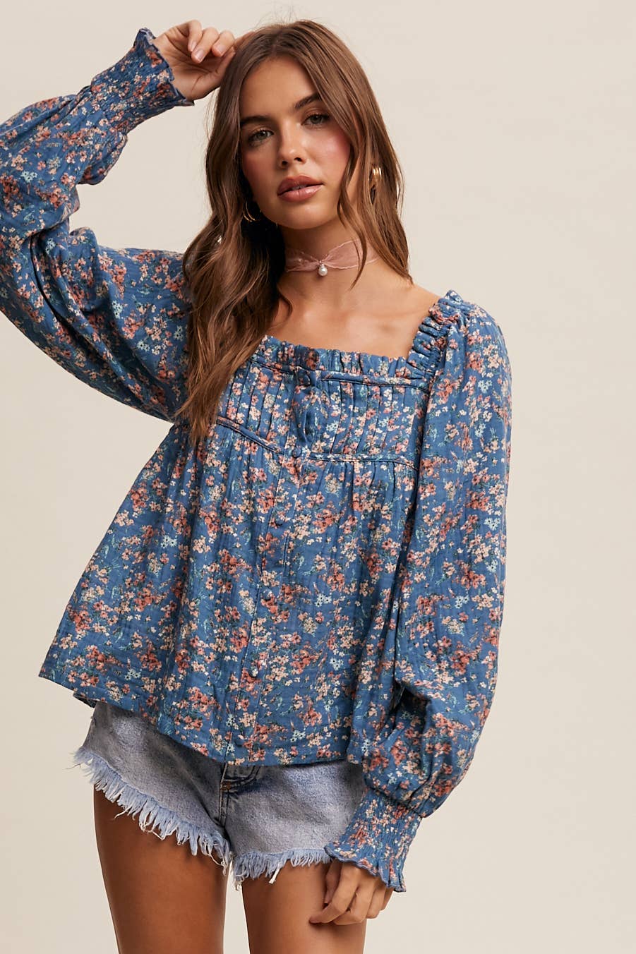 Square-Neck Floral Print Blouse