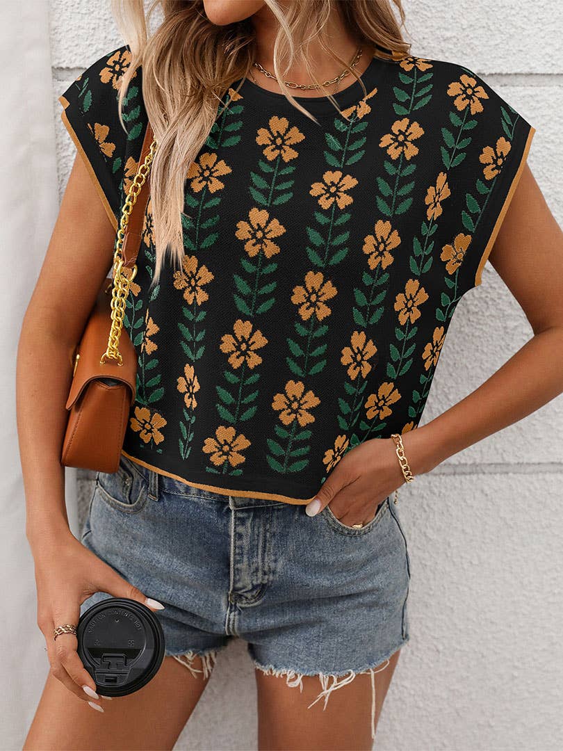 Knit Floral Cropped Short-Sleeves Color Block Sweater MD188