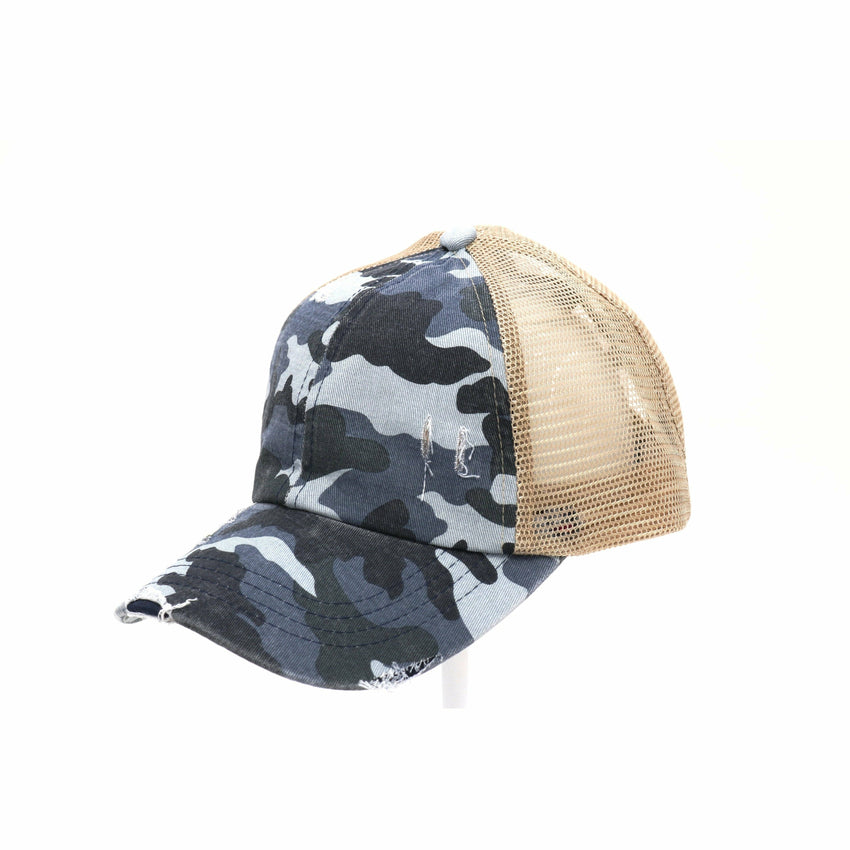 Distressed Camouflage Criss-Cross High Ponytail CC Ball Cap: Olive