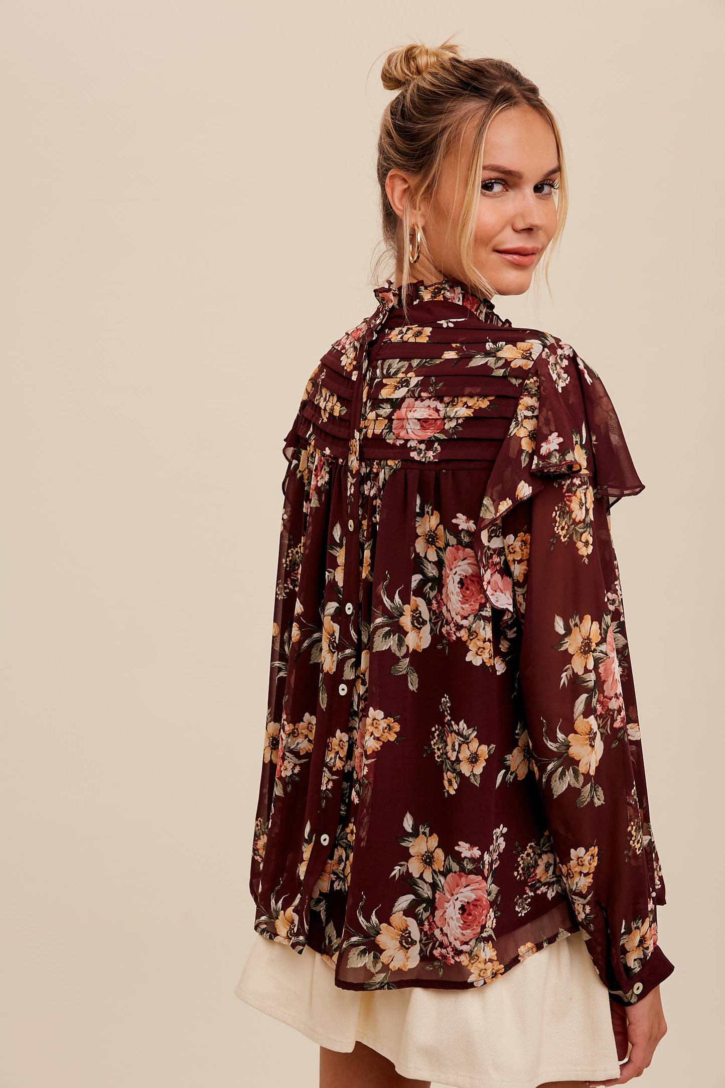 Floral High-Neck Sheer Blouse