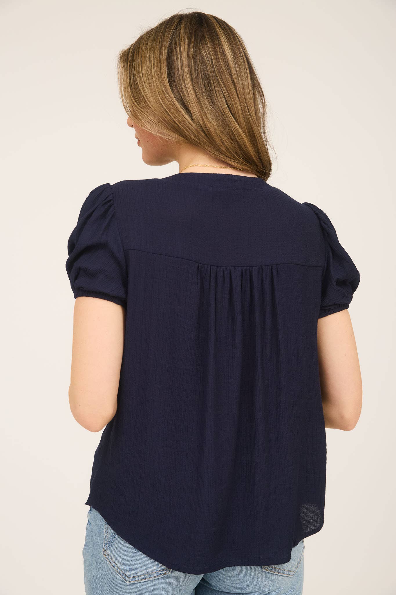 White or Navy Eyelet Top with Puff Sleeves