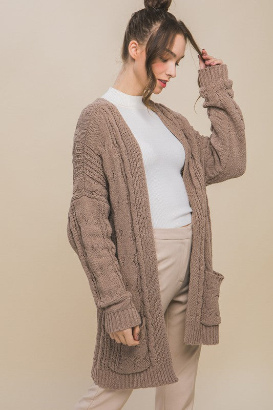 Chenille Cable Knit Oversized Open Front Cardigan