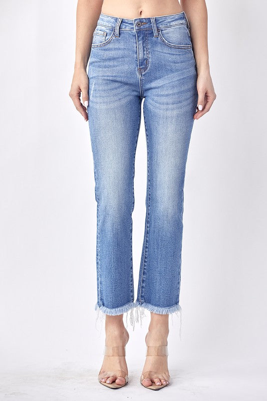 Mid Rise Raw Hem Straight Jeans