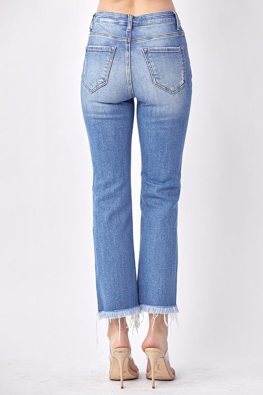 Mid Rise Raw Hem Straight Jeans
