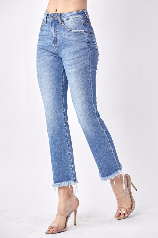 Mid Rise Raw Hem Straight Jeans