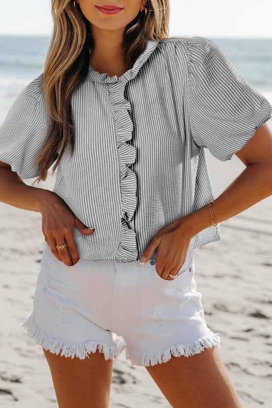 Texture Striped Ruffled Shirt