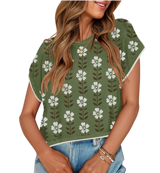 Retro Floral Knit Short Sleeve Vintage Pullover Sweater Vest