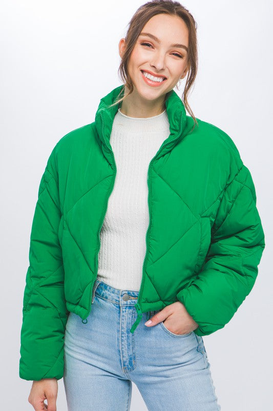 Woven Solid Zip Up Puffer Jacket